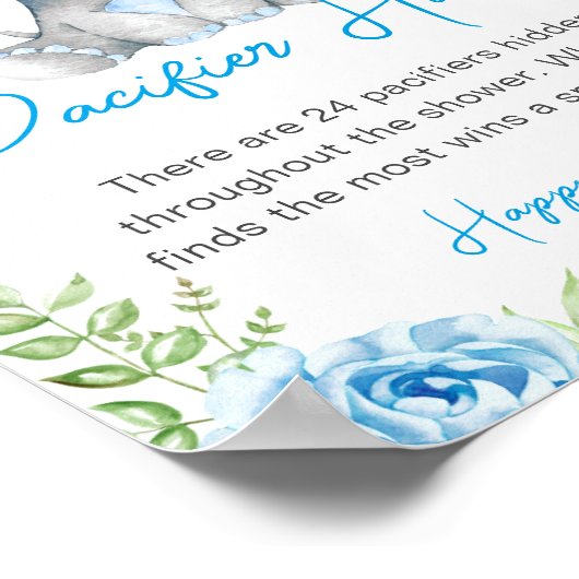 Pacifier Hunt Blue Boy Elephant Baby shower Peanut Poster (Hoek)