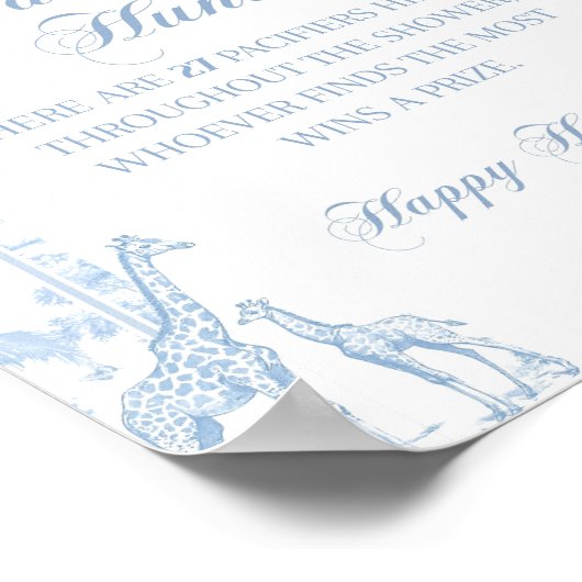 Pacifier Hunt Blue Toile Safari Animal Baby shower Poster (Hoek)