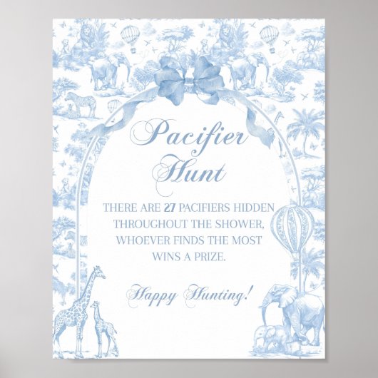 Pacifier Hunt Blue Toile Safari Animal Baby shower Poster (Voorkant)