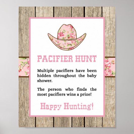 Pacifier Hunt Cowgirl Baby shower Sign. Poster (Voorkant)