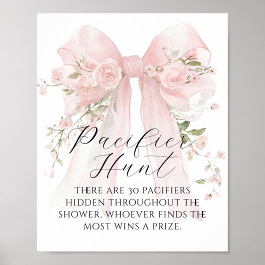 Pacifier Hunt Floral Bow Girl Baby Shower Game Poster (Voorkant)