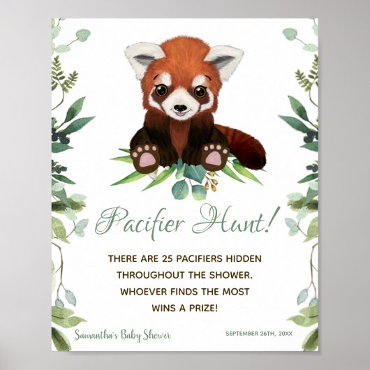 Pacifier Hunt Game Baby shower Sign Red Panda Beer Poster (Voorkant)