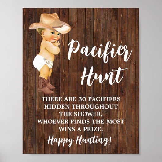 Pacifier Hunt Game Little Cowboy Baby shower Sign. Poster (Voorkant)