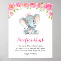 Pacifier Hunt Game Sign Elephant Baby shower Girl