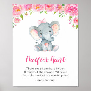 Pacifier Hunt Game Sign Elephant Baby shower Girl Poster