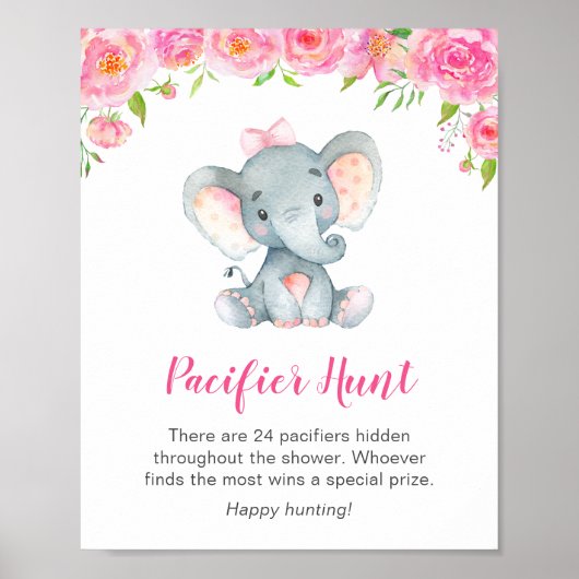 Pacifier Hunt Game Sign Elephant Baby shower Girl Poster (Voorkant)