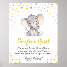 Pacifier Hunt Game Yellow Dot Elephant Baby shower Poster
