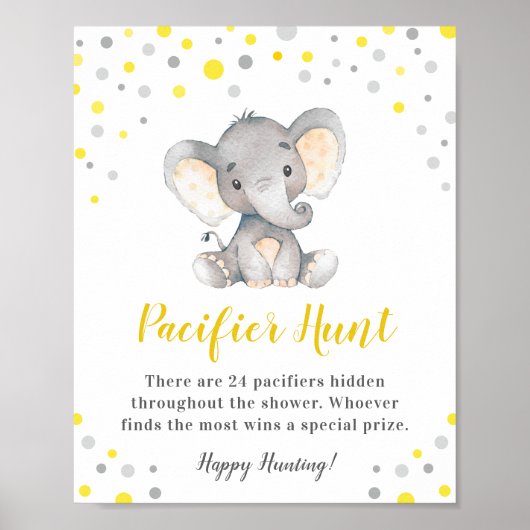 Pacifier Hunt Game Yellow Dot Elephant Baby shower Poster (Voorkant)