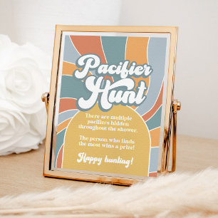 Pacifier Hunt Groovy Retro Sunshine Baby shower Poster