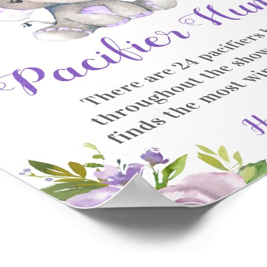 Pacifier Hunt Lavender Girl Elephant Baby shower Poster (Hoek)