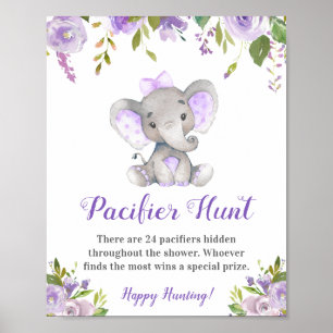 Pacifier Hunt Lavender Girl Elephant Baby shower Poster