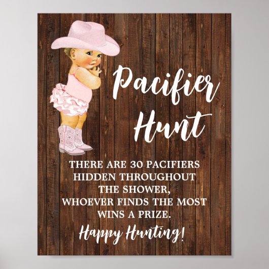 Pacifier Hunt Pink Cowgirl Baby shower Sign. Poster (Voorkant)