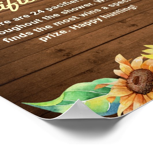 Pacifier Hunt Rustic Sunflower Yellow Baby shower Poster (Hoek)