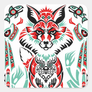 Pacifische Noordkust Native American Indian Fox Vierkante Sticker