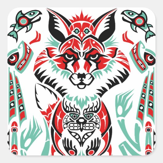 Pacifische Noordkust Native American Indian Fox Vierkante Sticker (Voorkant)