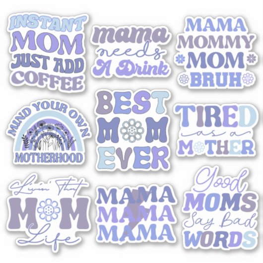 Pack van Funny Blue Retro Mom Quotes Vinyl Sticker (Voorkant)