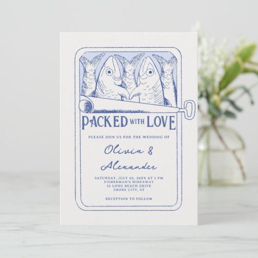 Packed with Love Hand Drawn Sardines Wedding Kaart (Staand voorkant)