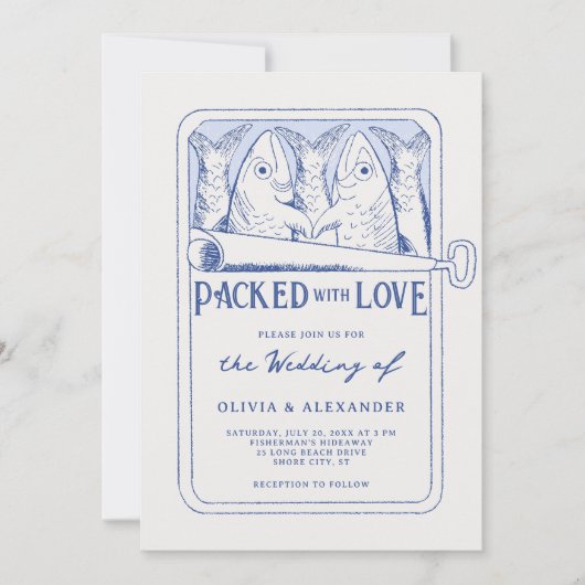 Packed with Love Whimsical Sardines Wedding Kaart (Voorkant)