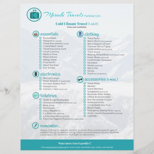 Packing List: Cold Climate Travel (1 Adult) (Voorkant)