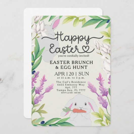 Paco de Bunny Pasen Brunch & Egg Hunt uitnodiging (Voorkant / Achterkant)