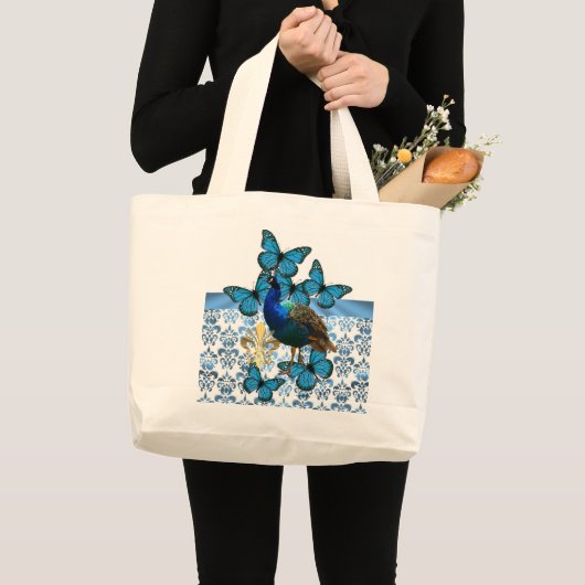  pacock en blauwe vlinders grote tote bag (Voorkant (product))