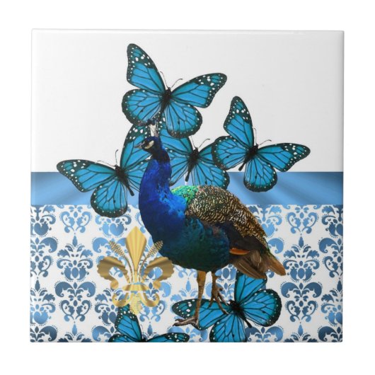  pacock en blauwe vlinders tegeltje (Voorkant)