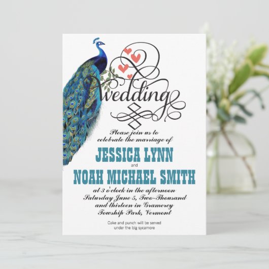  pacock Harten Blauwgroen en koraal Kaart (Staand voorkant)