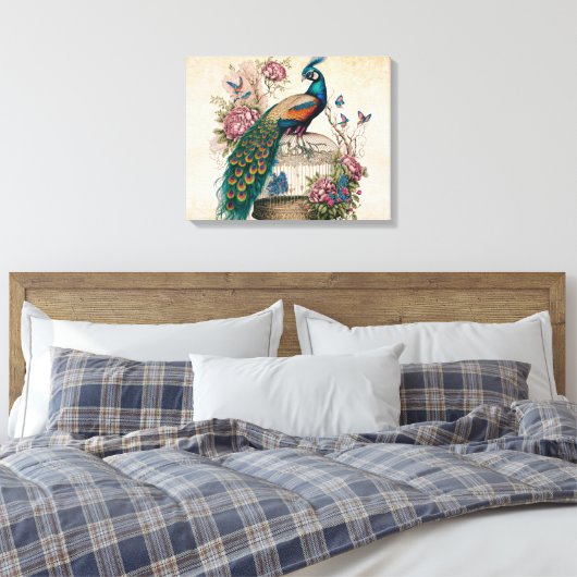  pacock over Victoriaans vogelkooi Canvas Afdruk (Insitu (Slaapkamer))