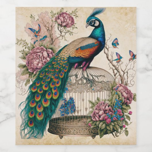 pacock over Victoriaans vogelkooi Wijn Etiket (Enkel label)
