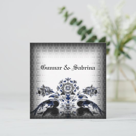  pacocks en Floral Blue Gothic Wedding Kaart (Staand voorkant)