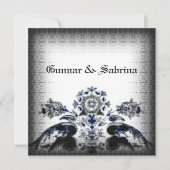 pacocks en Floral Blue Gothic Wedding Kaart (Voorkant)