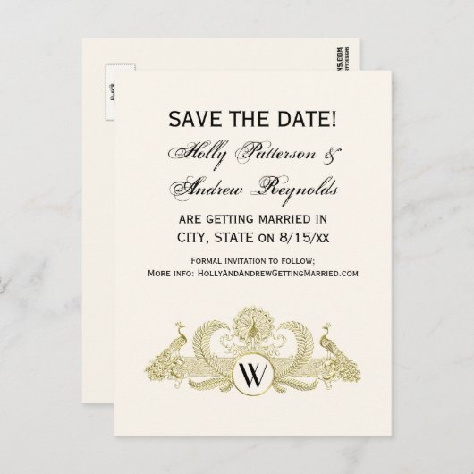  pacocks Monogram Faux Gold Ivory BG Aankondigingskaart (Voorkant / Achterkant)