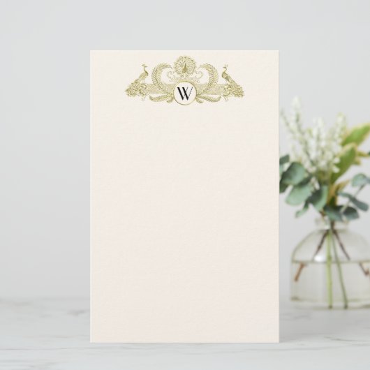  pacocks Monogram Faux Gold Ivory BG Briefpapier (Staand voorkant)