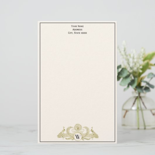  pacocks Monogram Faux Gold Ivory BG Briefpapier (Staand voorkant)
