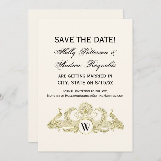 pacocks Monogram Faux Gold Ivory BG Kaart (Voorkant / Achterkant)