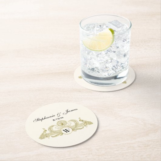  pacocks Monogram Faux Gold Ivory BG Ronde Kartonnen Onderzetter (Insitu)