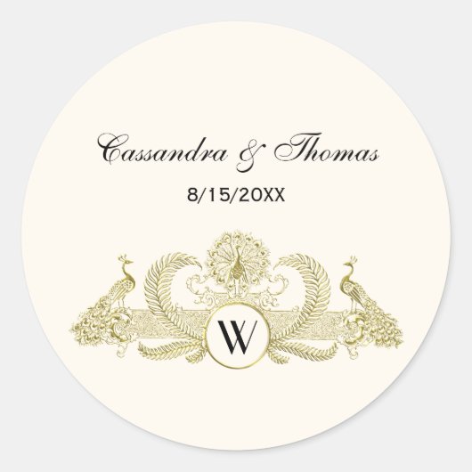 pacocks Monogram Faux Gold Ivory BG Ronde Sticker (Voorkant)