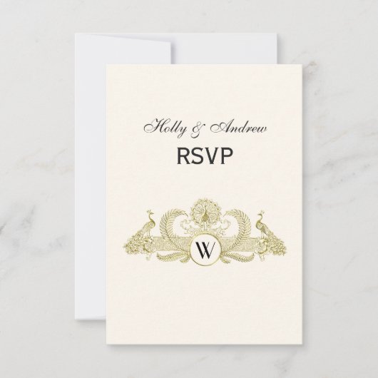 pacocks Monogram Faux Gold Ivory BG RSVP Kaartje (Voorkant)