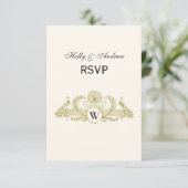 pacocks Monogram Faux Gold Ivory BG RSVP Kaartje (Staand voorkant)