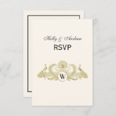 pacocks Monogram Faux Gold Ivory BG RSVP Kaartje (Voorkant / Achterkant)