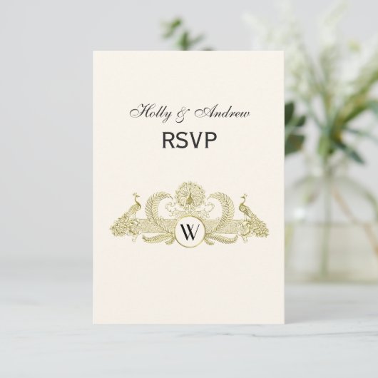  pacocks Monogram Faux Gold Ivory BG RSVP Kaartje (Staand voorkant)