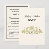 pacocks Monogram Faux Gold Ivory BG RSVP Kaartje (Voorkant / Achterkant)