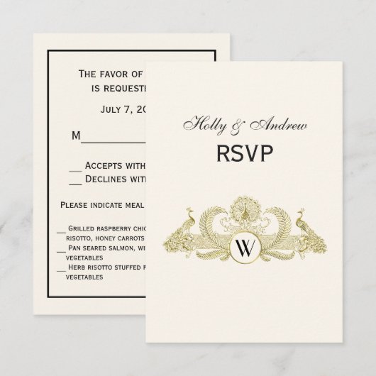 pacocks Monogram Faux Gold Ivory BG RSVP Kaartje (Voorkant / Achterkant)