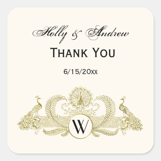  pacocks Monogram Faux Gold Ivory BG Vierkante Sticker (Voorkant)