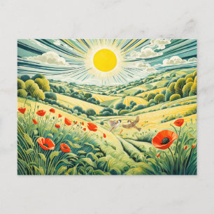 Pad door Poppy Field met Vliegende Mussen Briefkaart