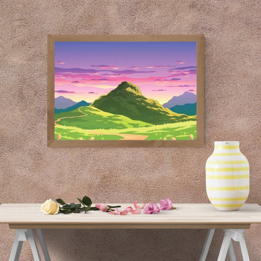 Pad naar de berg bij zonsondergang foto afdruk
