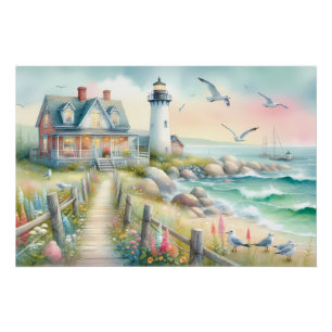 Pad naar de Vuurtoren Cottage aan de kust Perfect Poster