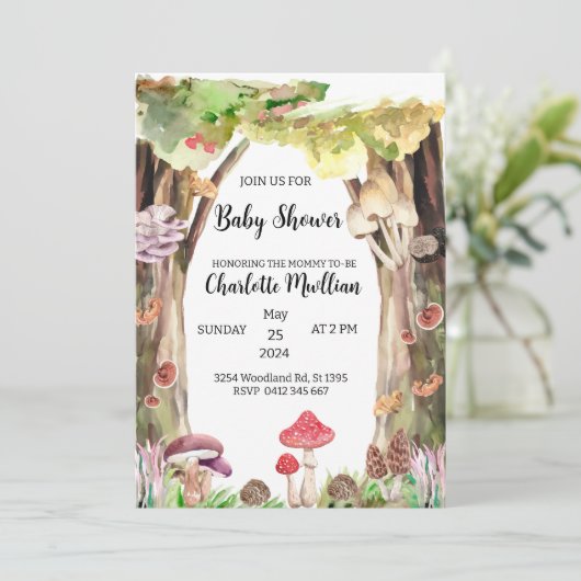 paddenstoel baby shower bos bos whimsisch kaart (Staand voorkant)