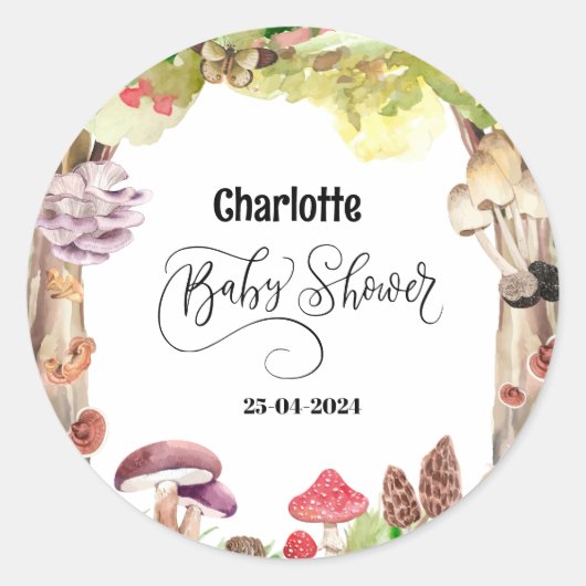 Paddenstoel baby shower bosgebied ronde sticker (Voorkant)