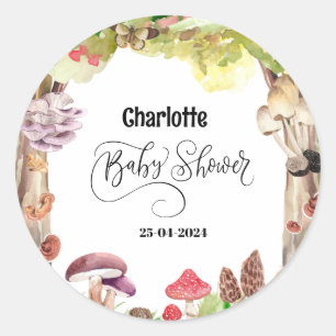 Paddenstoel baby shower bosgebied ronde sticker